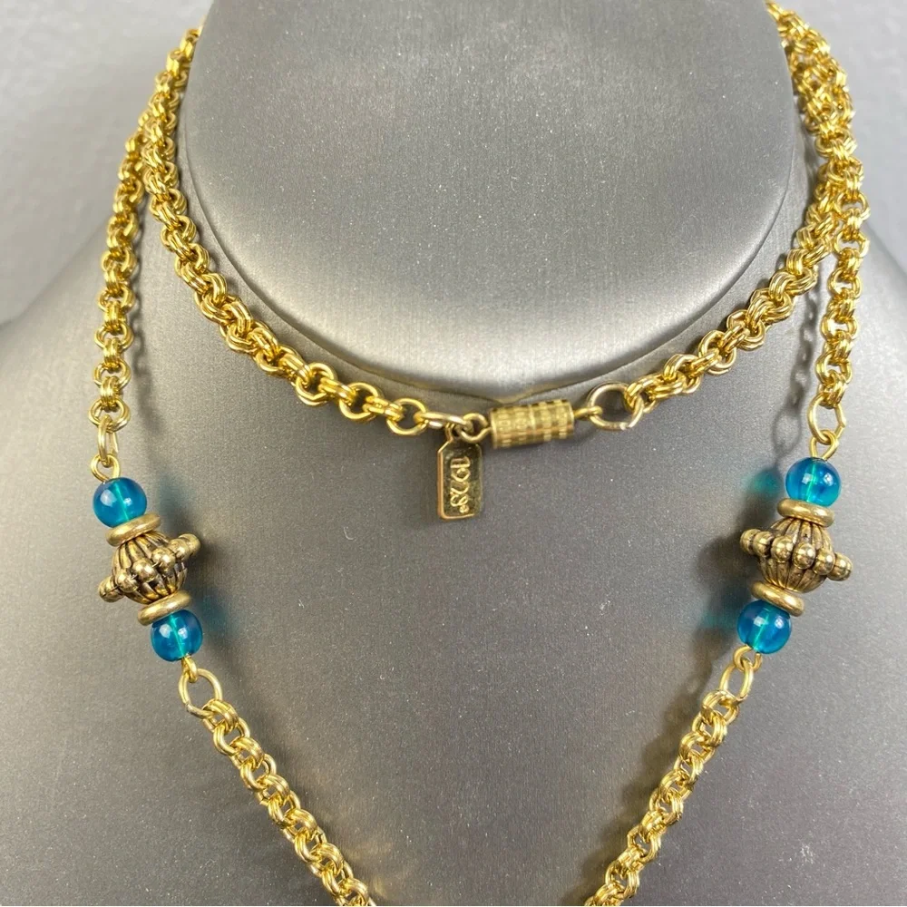 Vintage 1928 Chain Necklace Gold Tone Faux Pearl & Blue Green Cabochons 28" - Picture 2 of 12